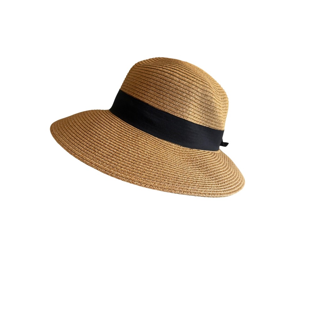 Nine West Sun Hat Tan Paper Straw Wide Brim Black Ribbon Bow Floppy Cloche O/S - Picture 3 of 5